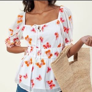 Hale Bob White Embroidery Orange/Pink Butterfly Casie Fairy Coquette Top NWOT S